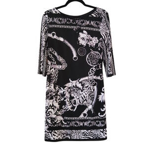 Cartise Sheath Dress Floral Chains Print, black, white, silver 3/4 sleeve sz 10